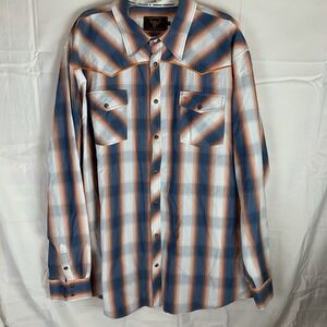 Cowboy Hardware Long Sleeve Button Front Pearl Snap Shirt Orange‎ Blue Plaid XXL